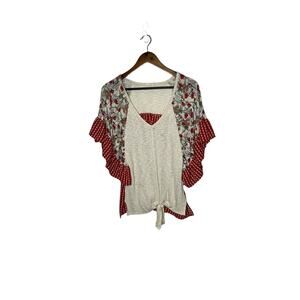 Hummingbird boutique womens popover blouse red floral ruffle sleeves S